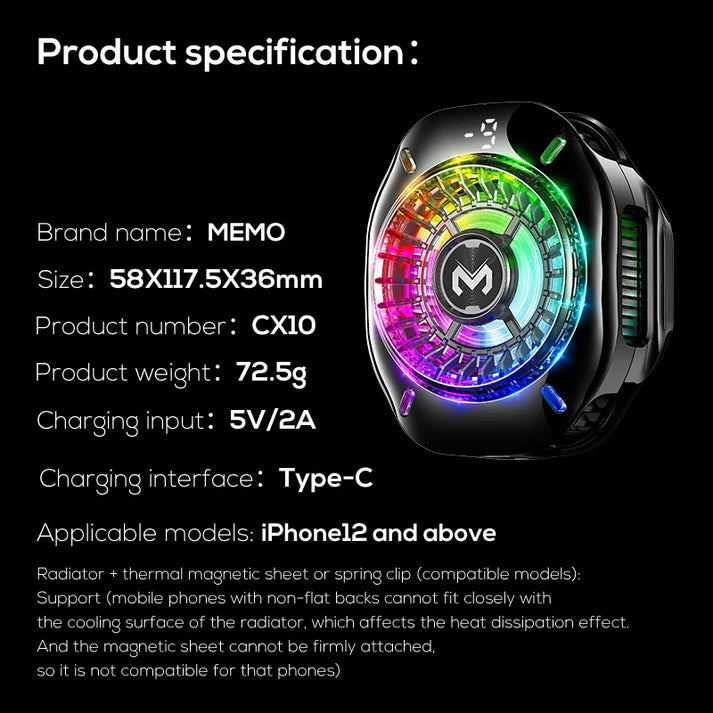 MEMO CX 10 Magnetic Cooling Fan for iPhone – RGB Dual-Fan Cooler with Type-C